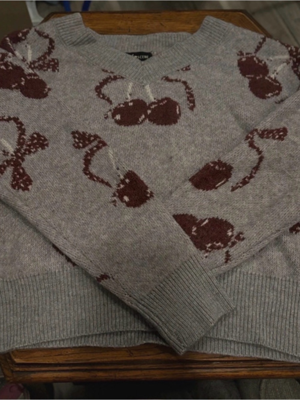 Unbranded Gray V-Neck Sweater with Brown Cherry Motif